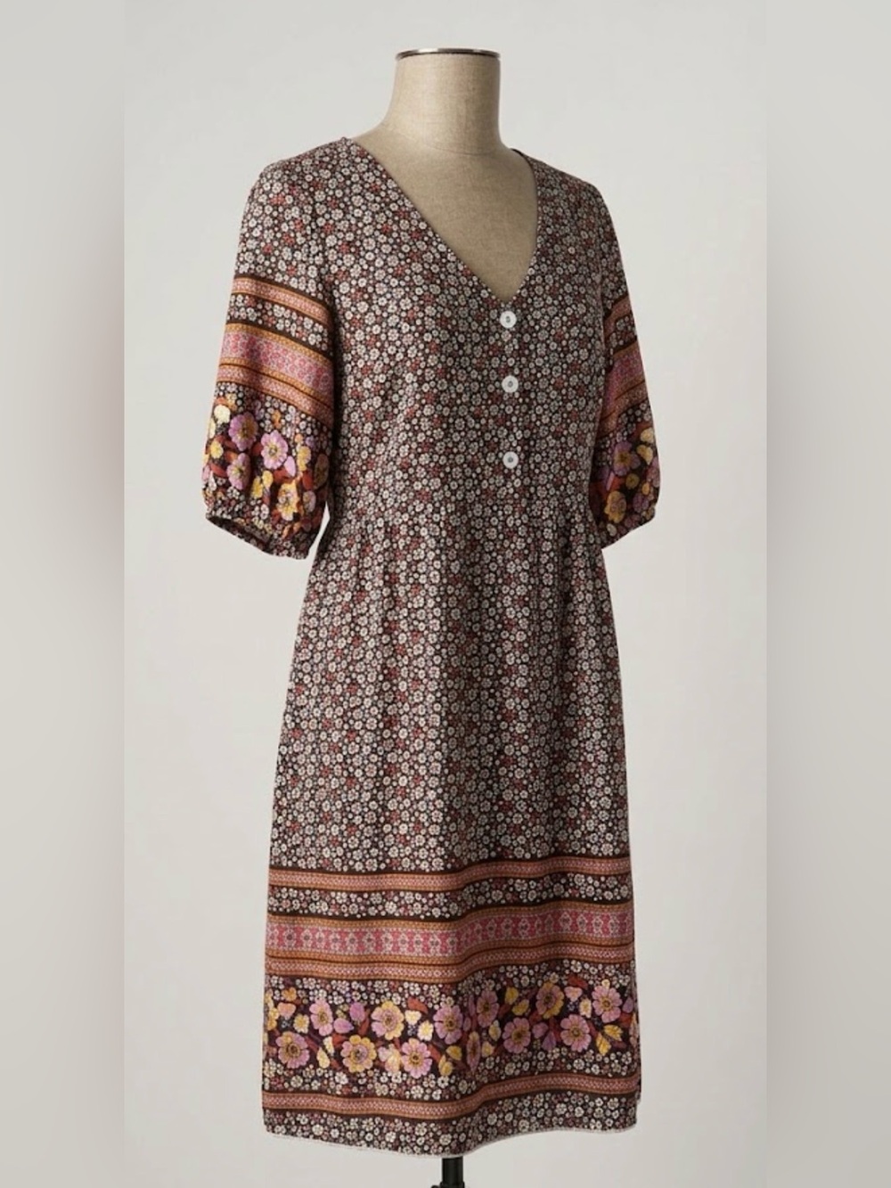 SHEIN Brown Floral Button-Front Midi Dress with Pink Accents